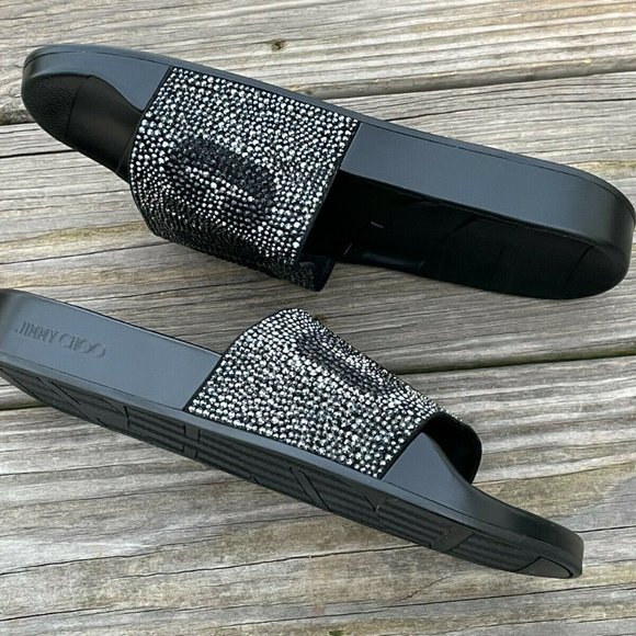 Jimmy Choo Slide Sandal Logo Crystal-Studded Rubber upper Flat Platform Italy 39 - Picture 6 of 12